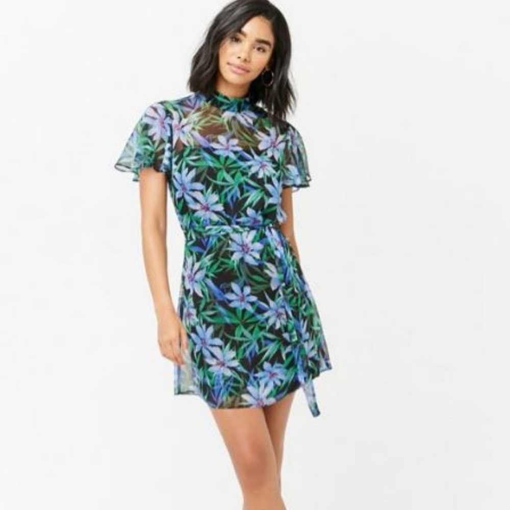 Blue & Green Floral Print Semi-Sheer Dress Forever 21 Size Small